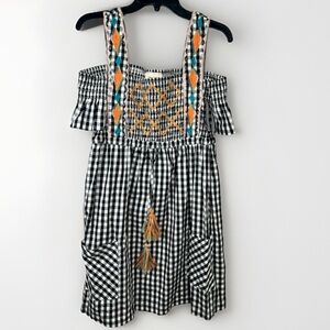Sand & Spirit Black White Checkered Off-Shoulder Sun Dress Size L Embroidered